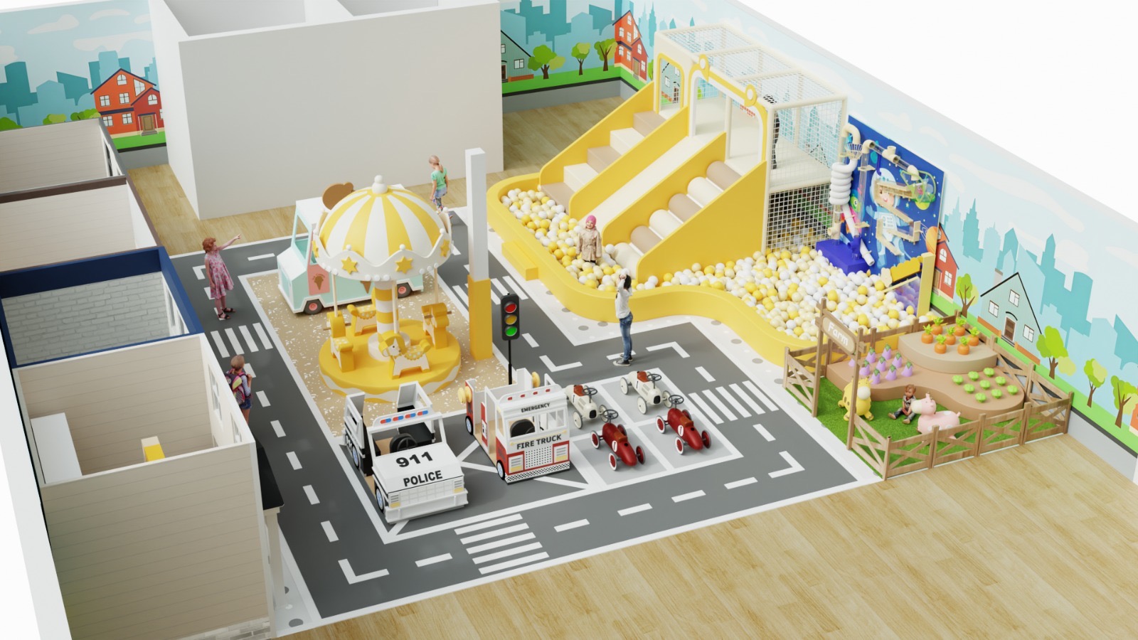 Carousel, ride-on cars and soft play climber inside Kids Town
