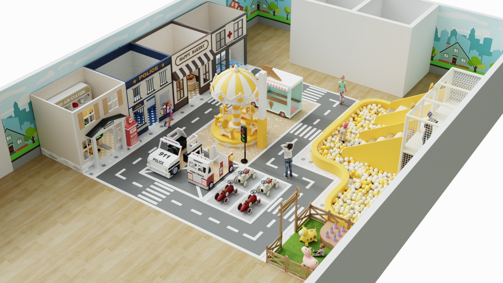 The Kids Town soft play city with shops, roads and a ball pit